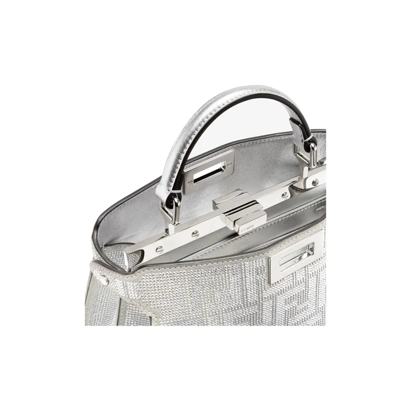 FENDI Peekaboo ISeeU Artificial Crystal Calfskin Shoulder Bag Crossbody Bag Handbag Small Size Women's Silver-4