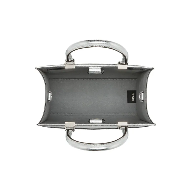 FENDI Sunshine Calfskin Tote Bag Shopping Bag Shoulder Bag Crossbody Bag Handbag Small Size Women's Silver-3
