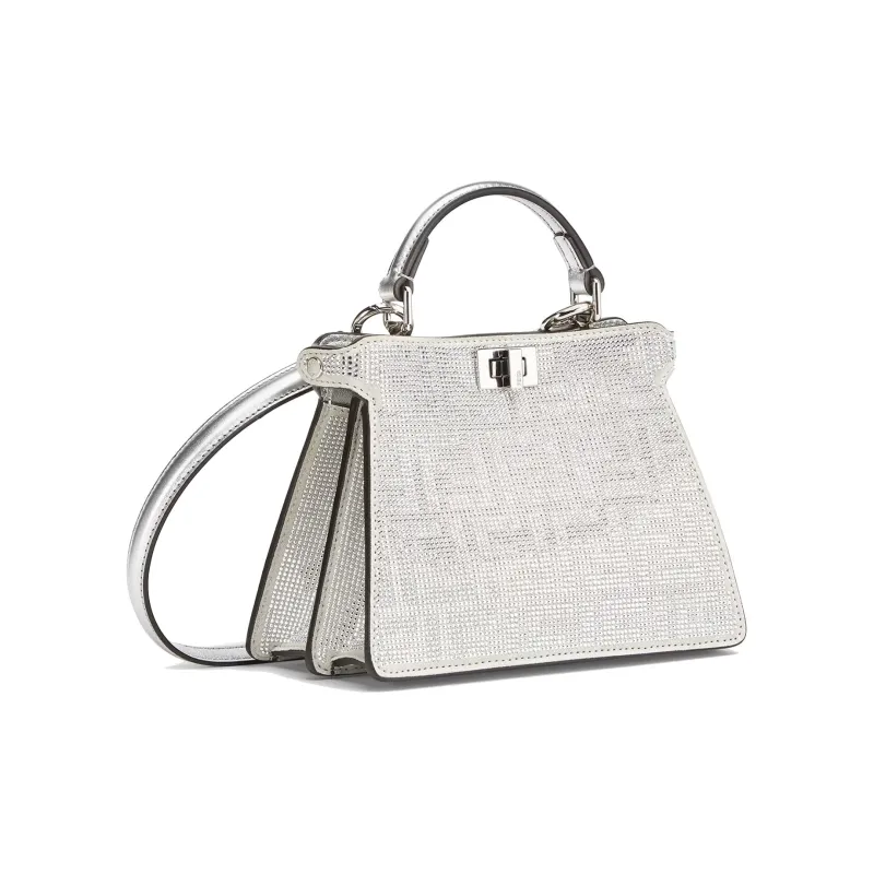 FENDI Peekaboo ISeeU Artificial Crystal Calfskin Shoulder Bag Crossbody Bag Handbag Women's Silver-1