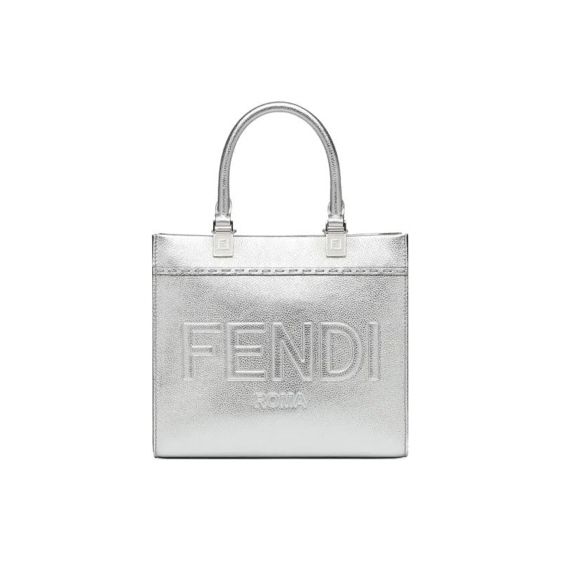 FENDI Sunshine Calfskin Tote Bag Shopping Bag Shoulder Bag Crossbody Bag Handbag Small Size Women's Silver-0