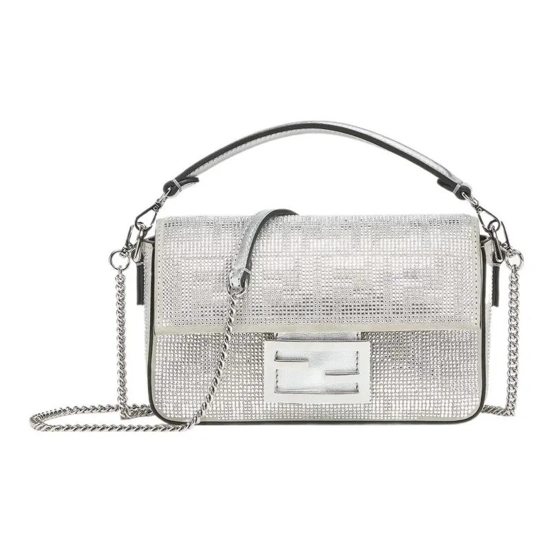 FENDI Artificial Crystal Calfskin Portable Crossbody Bag Shoulder Bag Mini Women's Silver-0
