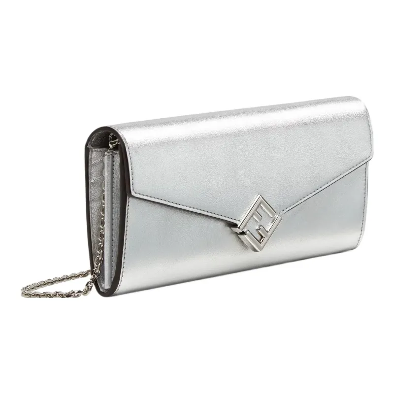FENDI Baguette Calfskin Shoulder Bag Crossbody Bag Wallet Women's Silver-1