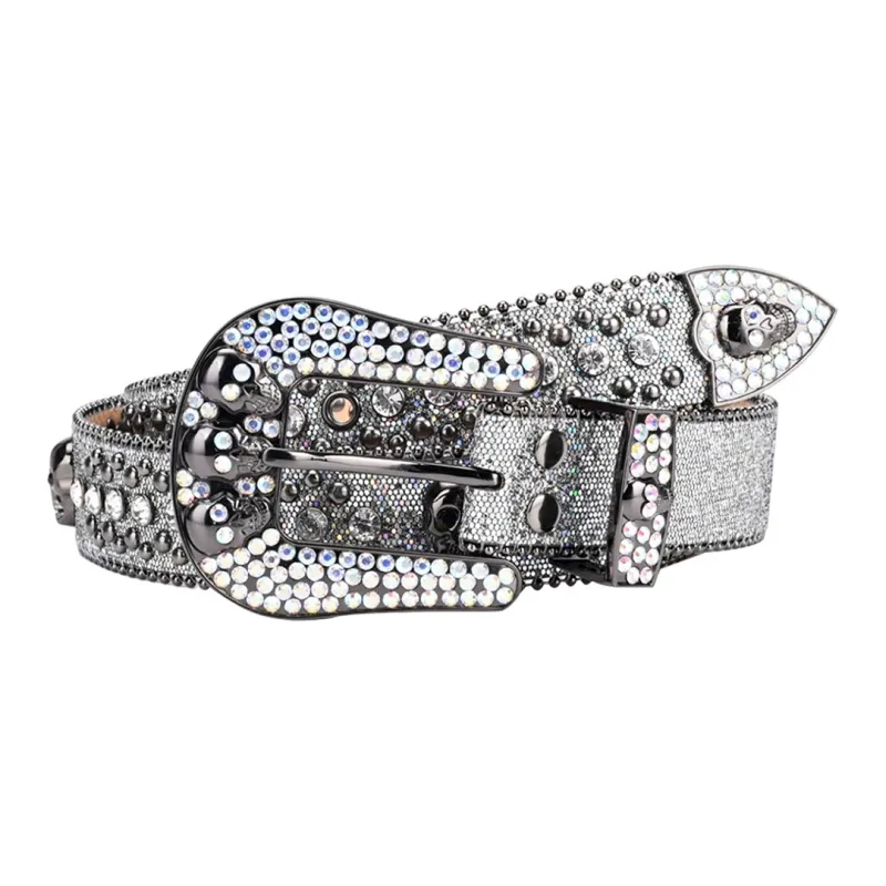 NINE NAIL 9 Section Spike Vintage Trendy Y2K Pin Buckle Stud Rhinestone Embellished Belt Belt Unisex Width  3.8cm-0