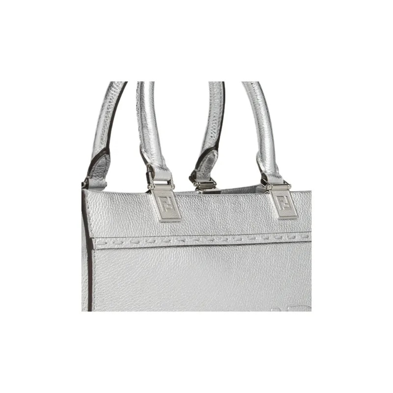 FENDI Sunshine Calfskin Tote Bag Shopping Bag Shoulder Bag Crossbody Bag Handbag Small Size Women's Silver-4