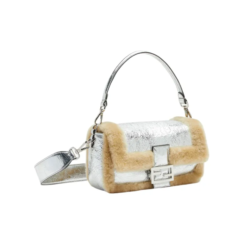 FENDI Baguette Lambskin Portable Crossbody Bag Shoulder Bag Women's Silver-1