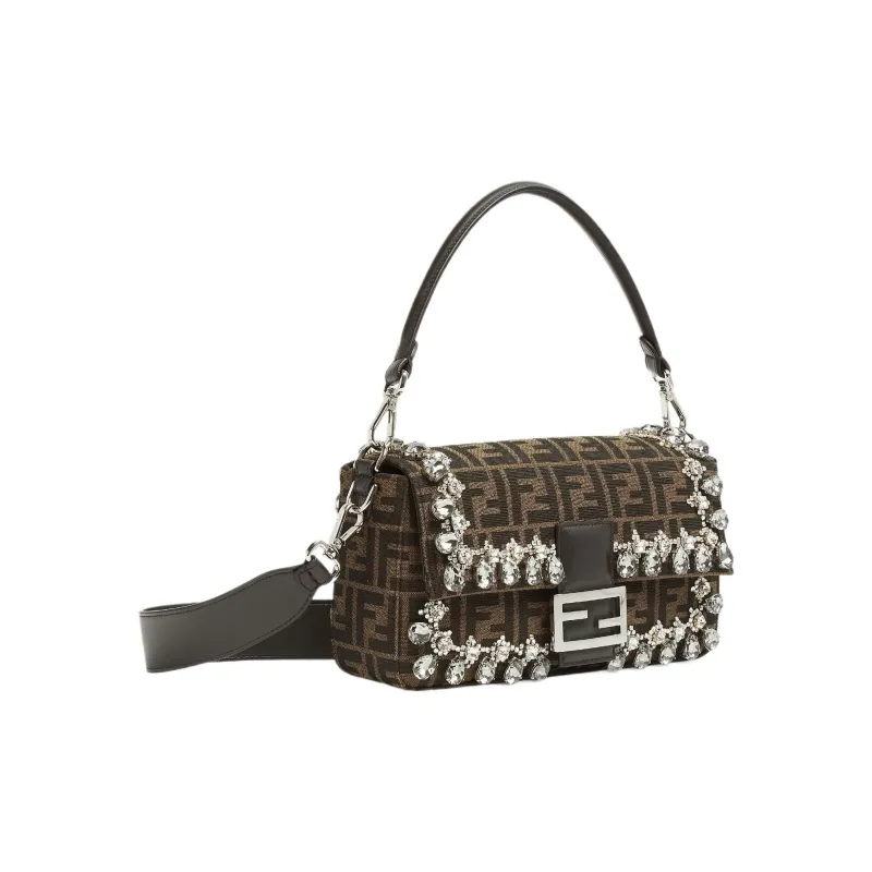 FENDI Baguette Jacquard FF Fabric Shoulder Bag Crossbody Bag Handbag Medium Size Women's Brown-1