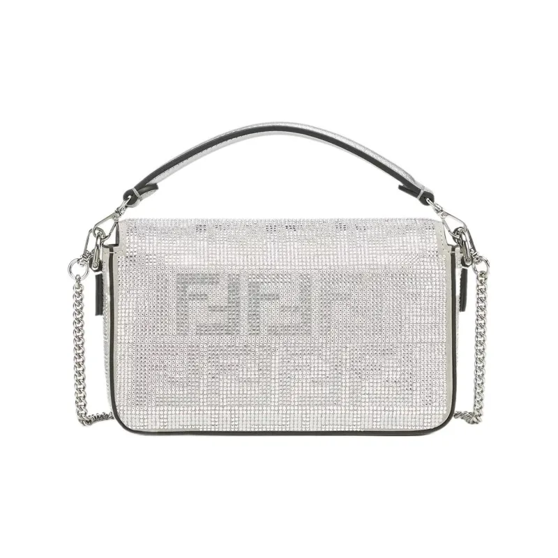 FENDI Artificial Crystal Calfskin Portable Crossbody Bag Shoulder Bag Mini Women's Silver-3