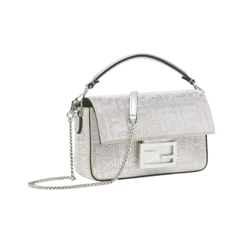 FENDI Artificial Crystal Calfskin Portable Crossbody Bag Shoulder Bag Mini Women's Silver-1