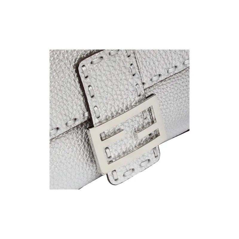 FENDI Baguette Calfskin Portable Crossbody Bag Shoulder Bag Women's Silver-4