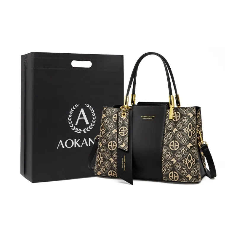 AOKANG PVC Tote Shoulder Bag, Mom Bag, Crossbody Bag, Handbag, Commuter Bag Medium Size Women's Apricot/Classic Black-0