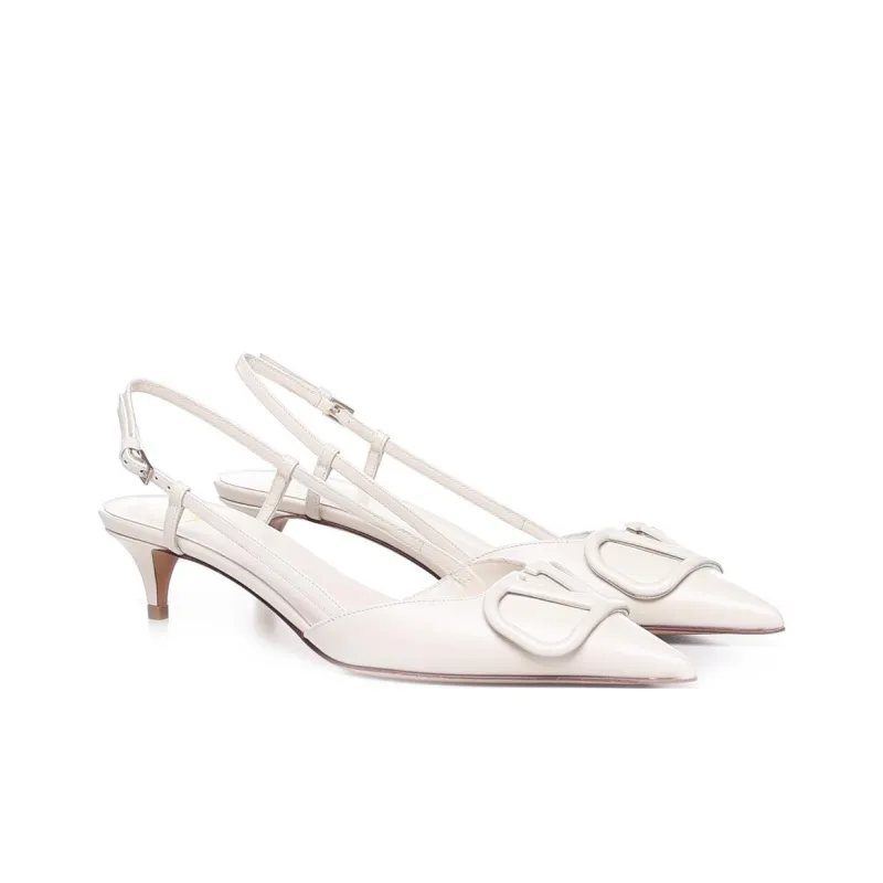 Valentino VLogo Signature Cone Heel Mid Low Heel Shoes Women's White-3