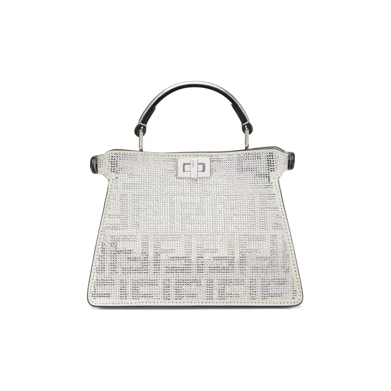 FENDI Peekaboo ISeeU Artificial Crystal Calfskin Shoulder Bag Crossbody Bag Handbag Women's Silver-2