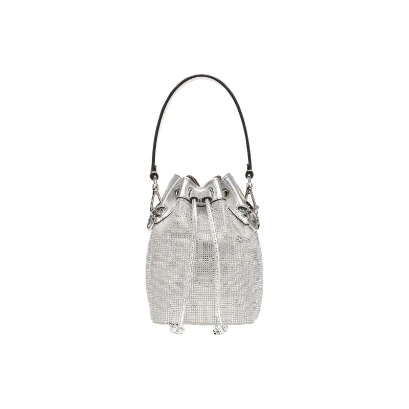 FENDI Mon Tresor Artificial Crystal, Cow Leather Bucket Bag, Shoulder Bag, Crossbody Bag, Handbag Mini Women's Silver-0