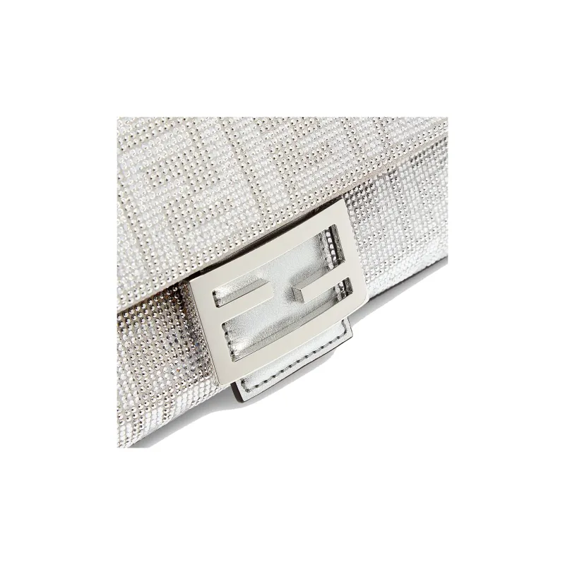 FENDI Baguette Artificial Crystal Calfskin Shoulder Bag Crossbody Bag Handbag Women's Silver-4