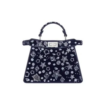 FENDI Peekaboo ISeeU Embroidered Fabric Shoulder Bag Crossbody Bag Handbag Small Size Women's Midnight Blue