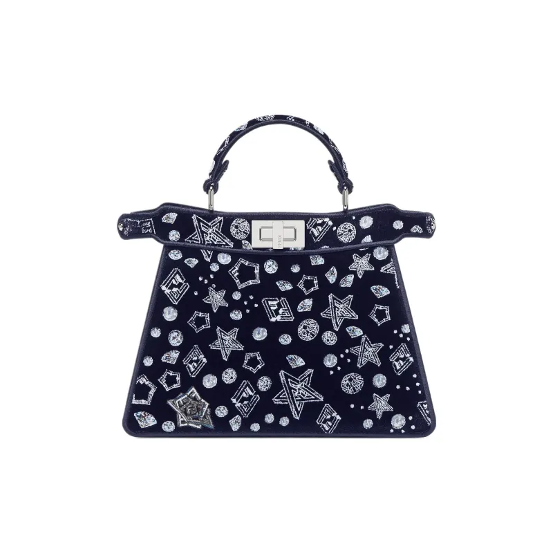 FENDI Peekaboo ISeeU Embroidered Fabric Shoulder Bag Crossbody Bag Handbag Small Size Women's Midnight Blue-0