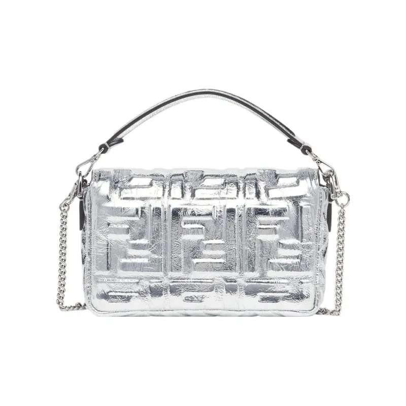 FENDI Baguette Lambskin Portable Crossbody Bag Shoulder Bag Mini Women's Silver-2