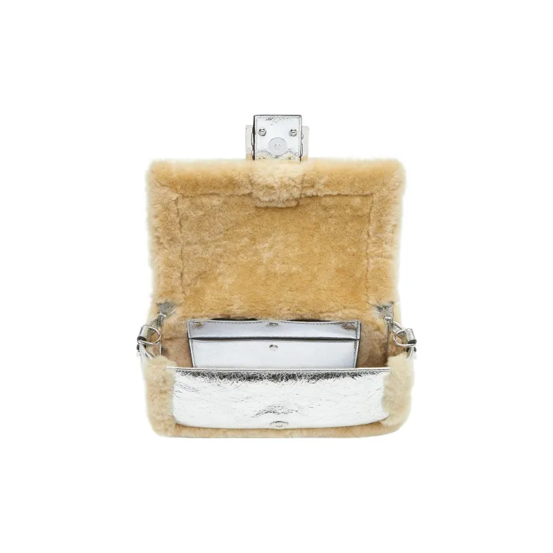 FENDI Baguette Lambskin Portable Crossbody Bag Shoulder Bag Women's Silver-3