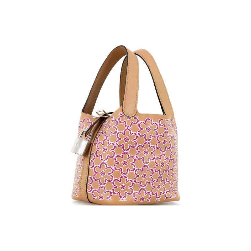 HERMES Picotin Lock Swift Calfskin Basket Bag, Bucket Bag, Handbag 14 Women's Tea Brown/Rose Pink/White-1