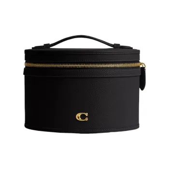 COACH Leather Cylinder Bag Handbag Makeup Bag Small Size Women's Brass & Black