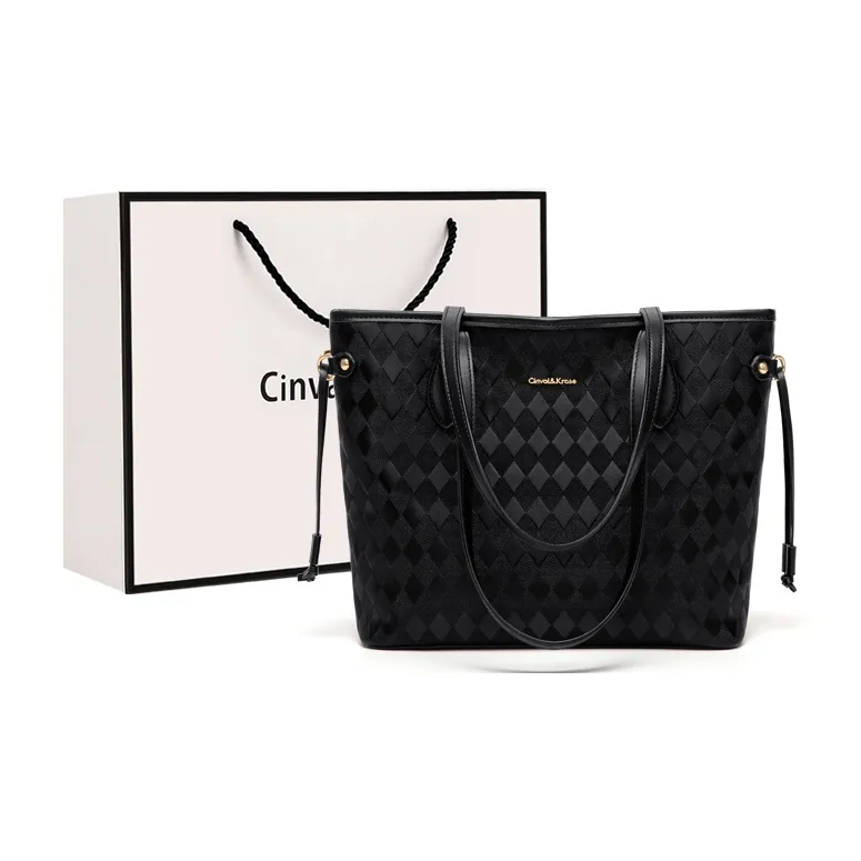 CinvaiKrose PU Bonded Synthetic Leather Shoulder Bag Tote Small Size Women's Diamond Pattern Ecru/Diamond Pattern Black-6