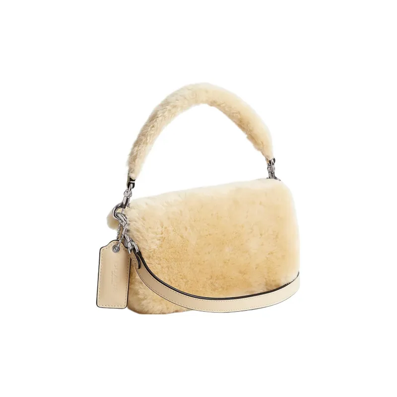 COACH Pillow Sheared Wool Handbag Shoulder Bag Small Size Women's Silver & Cream-1