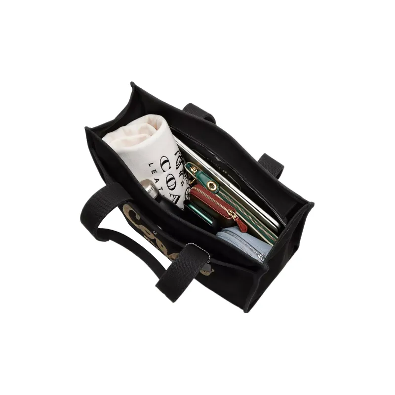 COACH Cargo Satin Canvas With Leather Tote Bag, Shopping Bag, Canvas Bag, Shoulder Bag, Handbag Tubas Women's Black-4