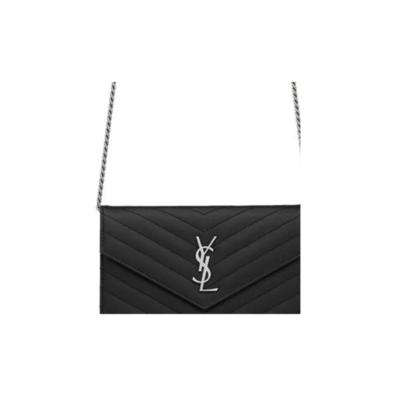 SAINT LAURENT Envelope Chain Wallet Grain De Poudre Silver tone Black-4