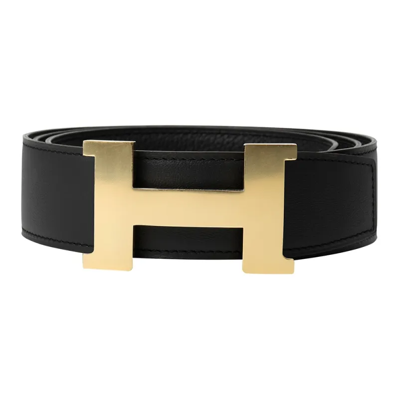 HERMES Shiny Gold-Tone Lock Togo Calfskin Double-Sided Leather Belt Leather Belts Men's Black Width: 3.8cm-1