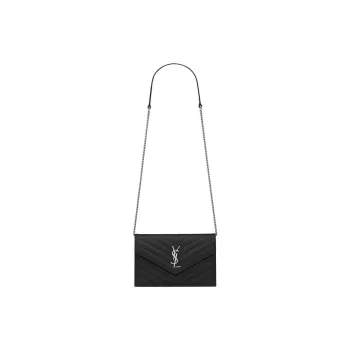 SAINT LAURENT Envelope Chain Wallet Grain De Poudre Silver tone Black