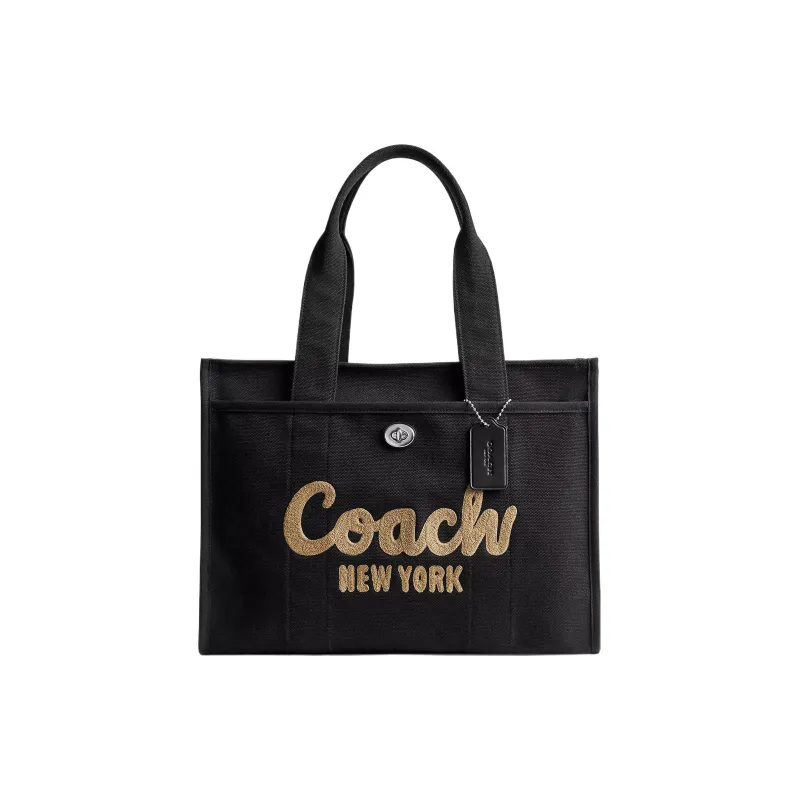COACH Cargo Satin Canvas With Leather Tote Bag, Shopping Bag, Canvas Bag, Shoulder Bag, Handbag Tubas Women's Black-0