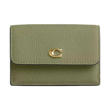 COACH Trifold Wallet Eggstone Grain Leather Wallet Mini Women's Brass With Moss