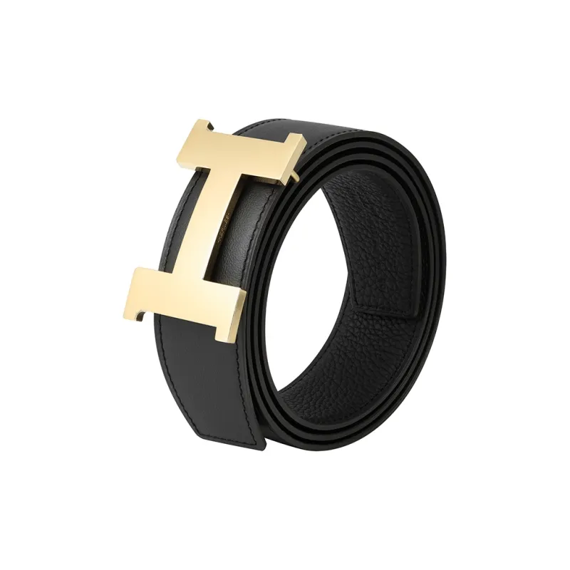 HERMES Shiny Gold-Tone Lock Togo Calfskin Double-Sided Leather Belt Leather Belts Men's Black Width: 3.8cm-3