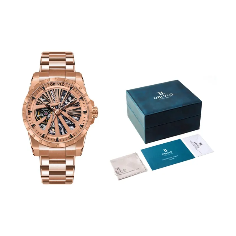 OBLVLO Automatic Mechanical Movement Watch Unisex Gold Dial-1