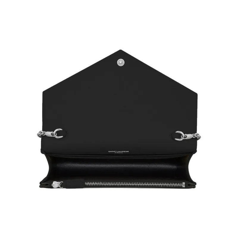 SAINT LAURENT Envelope Chain Wallet Grain De Poudre Silver tone Black-3