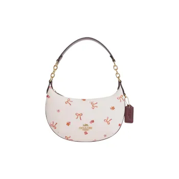 COACH Payton Canvas With Leather Crescent Bag, Handbag, Shoulder Bag Women's Chalk & Burgundy Multicolor