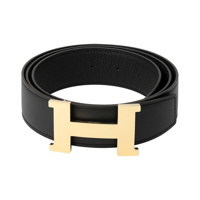 HERMES Shiny Gold-Tone Lock Togo Calfskin Double-Sided Leather Belt Leather Belts Men's Black Width: 3.8cm-2