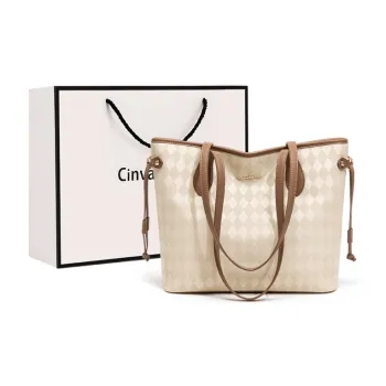 CinvaiKrose PU Bonded Synthetic Leather Shoulder Bag Tote Small Size Women's Diamond Pattern Ecru/Diamond Pattern Black