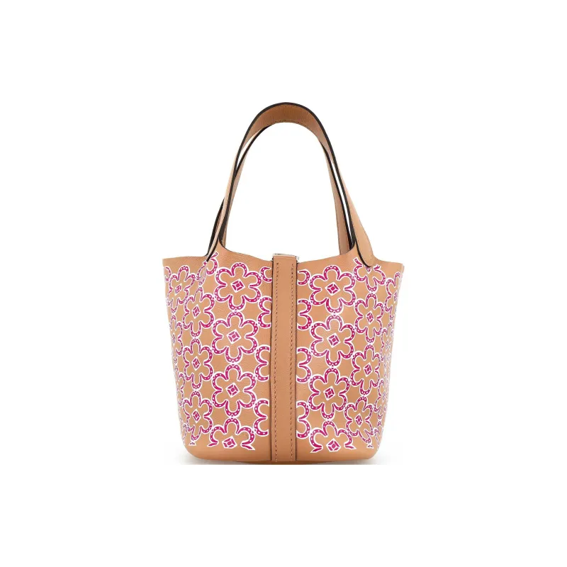HERMES Picotin Lock Swift Calfskin Basket Bag, Bucket Bag, Handbag 14 Women's Tea Brown/Rose Pink/White-4