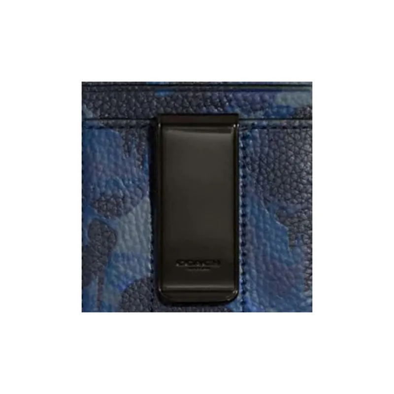 COACH Card Case Soft Polished Pebbled Leather Money Clip Card Holder Mini Women's Camouflage Blue-4