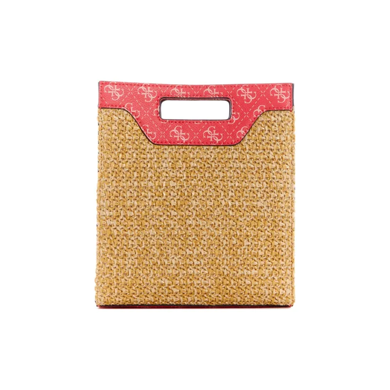 GUESS Raffia Tote Bag Shopping Bag Handbag Mini Women's Khaki & Red-2