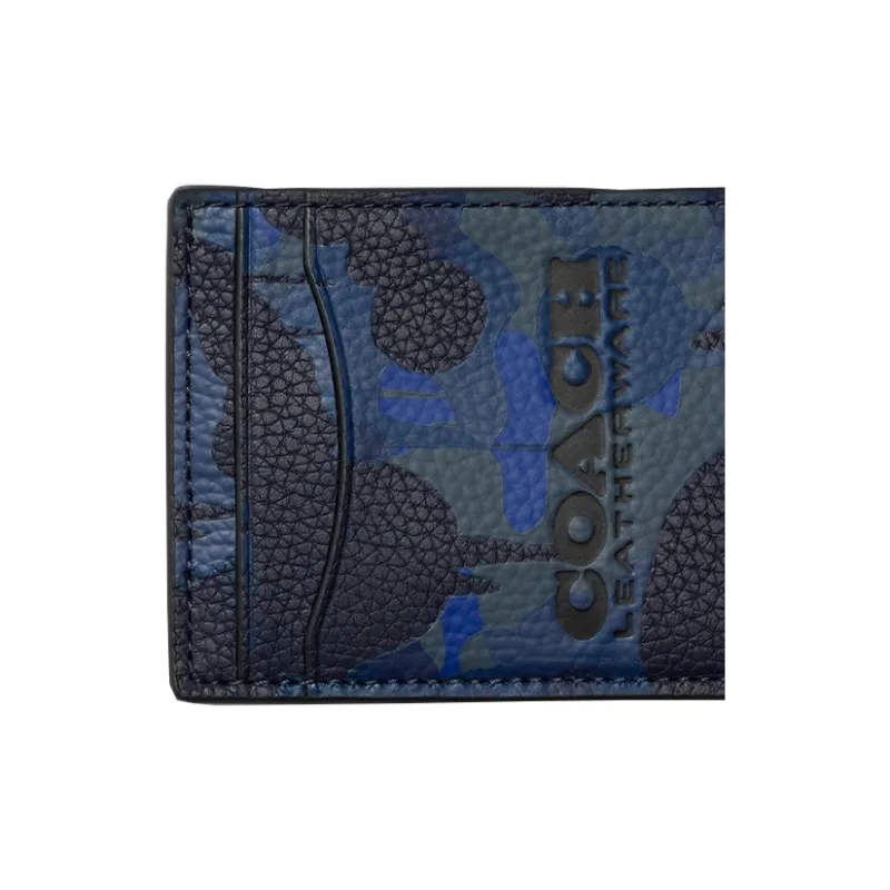 COACH Card Case Soft Polished Pebbled Leather Money Clip Card Holder Mini Women's Camouflage Blue-2