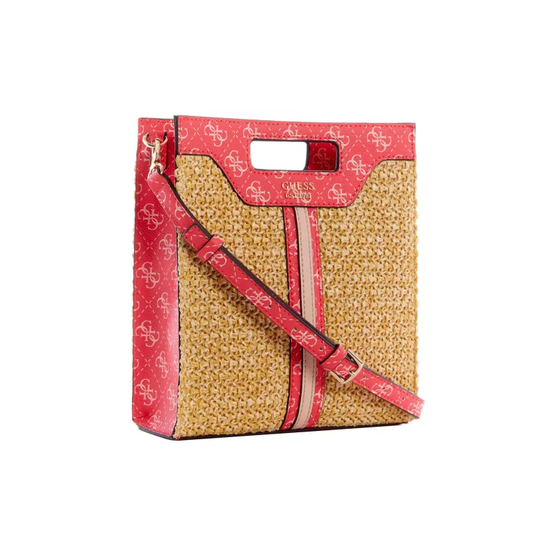 GUESS Raffia Tote Bag Shopping Bag Handbag Mini Women's Khaki & Red-1