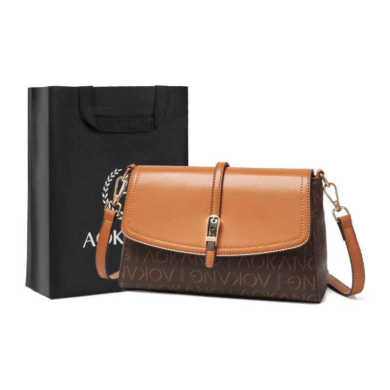 AOKANG PVC Small Square Bag Shoulder Bag Medium Size Women's Khaki Coffee/Cocoa Brown-7
