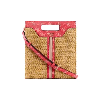 GUESS Raffia Tote Bag Shopping Bag Handbag Mini Women's Khaki & Red