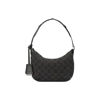 GUCCI Denim With Leather Binding Handbag Shoulder Bag Women's Black & Gray