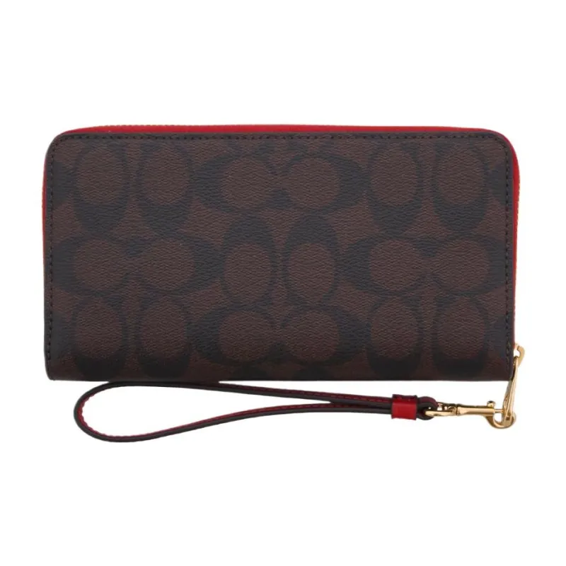 COACH Zip Around Canvas With Leather Wallets Clutches Women's Red & Brown Monogram-2