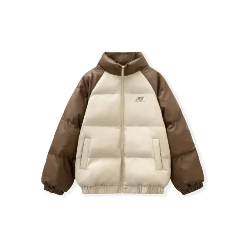 FORHUG Puffer Jackets Unisex Oatmeal Gray With Brown Accents