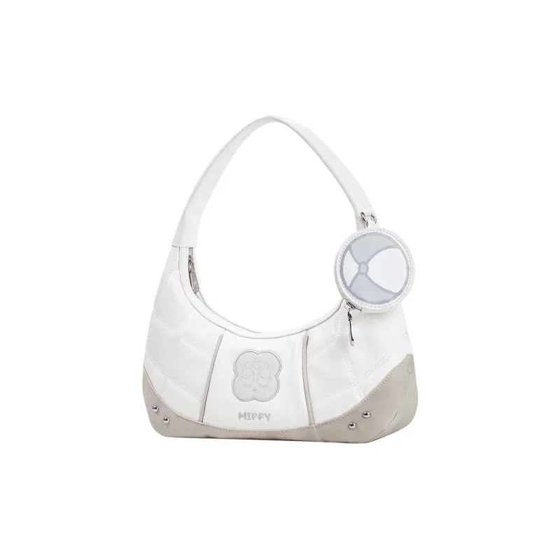 Miffy PU Advanced Textured Versatile Handbag For Long Commutes Crescent Moon Shoulder Bag Women's Ecru/Blue-2