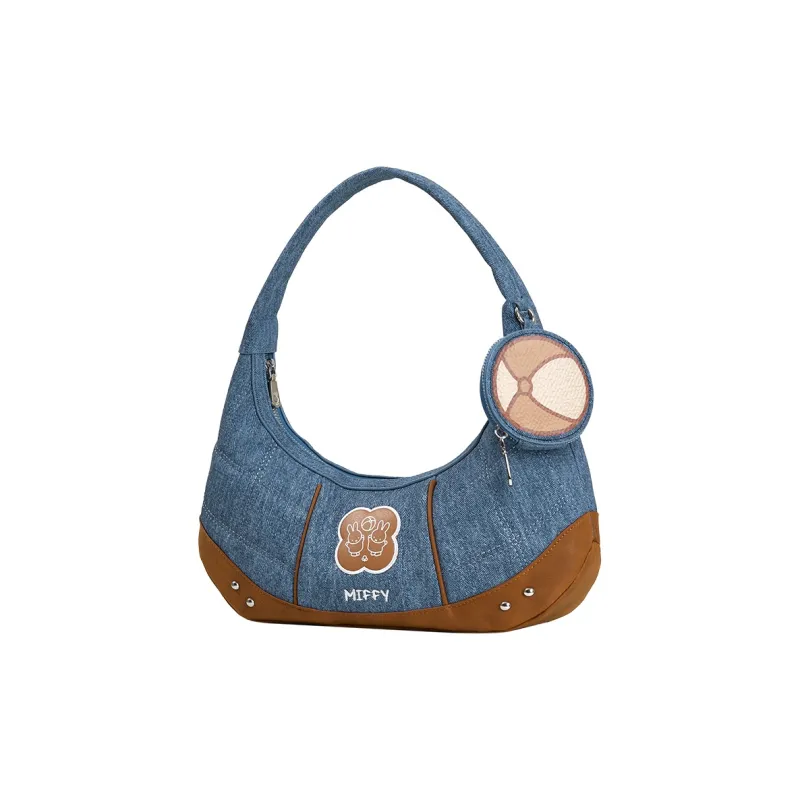 Miffy PU Advanced Textured Versatile Handbag For Long Commutes Crescent Moon Shoulder Bag Women's Ecru/Blue-8